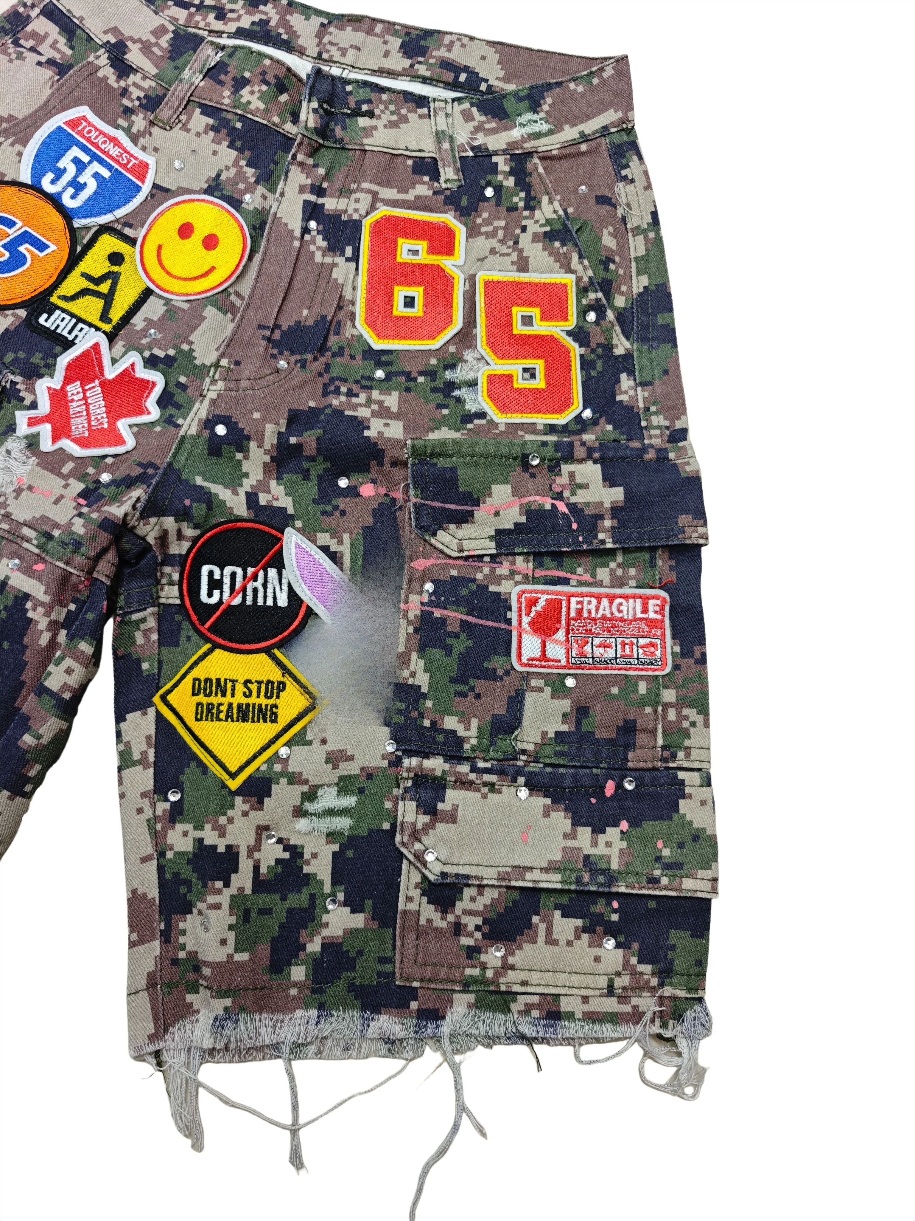 Y2k Diamanti Patch Ricamo Pantaloncini di jeans Goth Baggy Jeans corti Camou Streetwear Pantaloncini a gamba larga a vita alta Pantaloni cargo da donna