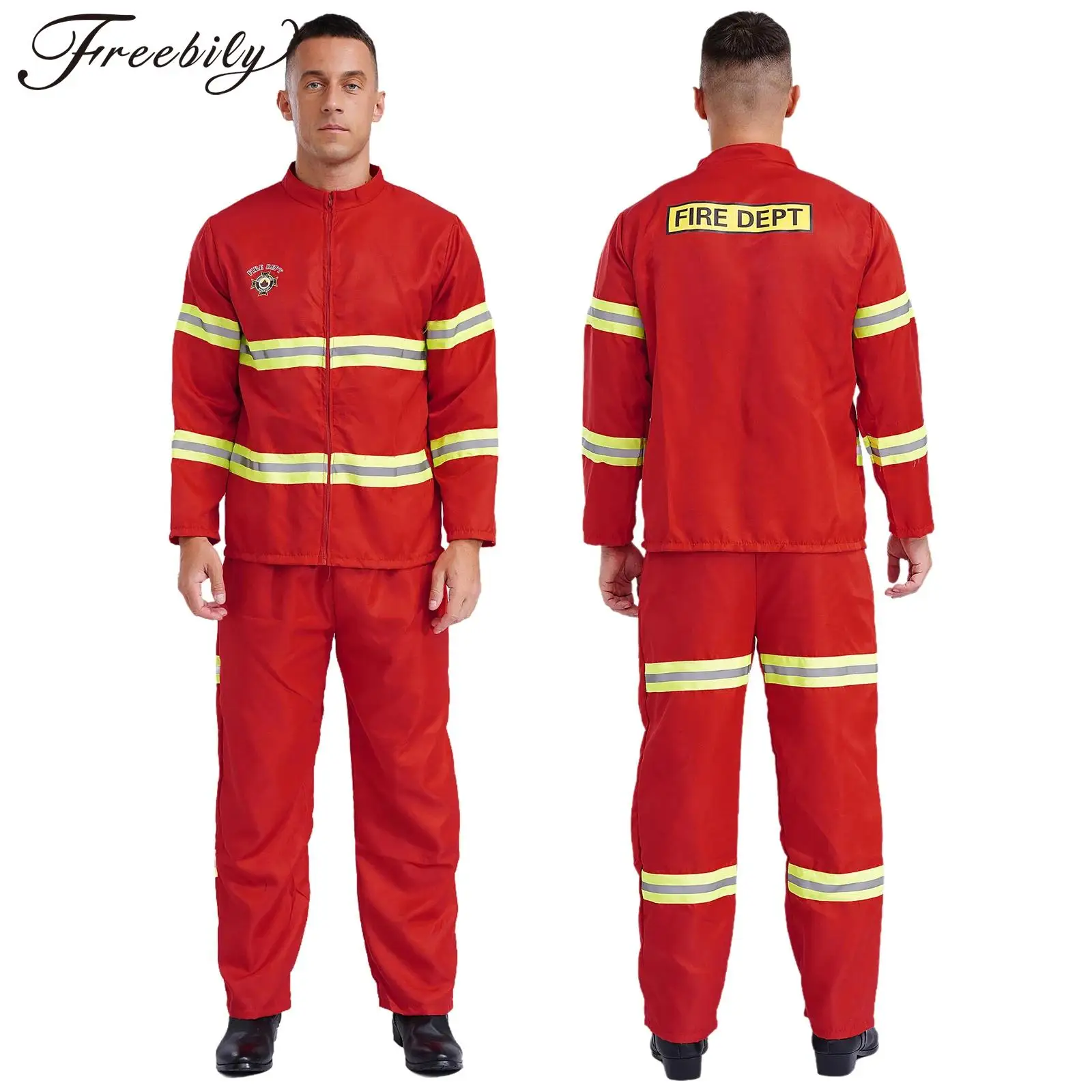 Men Halloween Firefighter Cosplay Costume Long Sleeve Jacket with Pants Belt Plastic Helmet Reflective Stripes for Theme Party