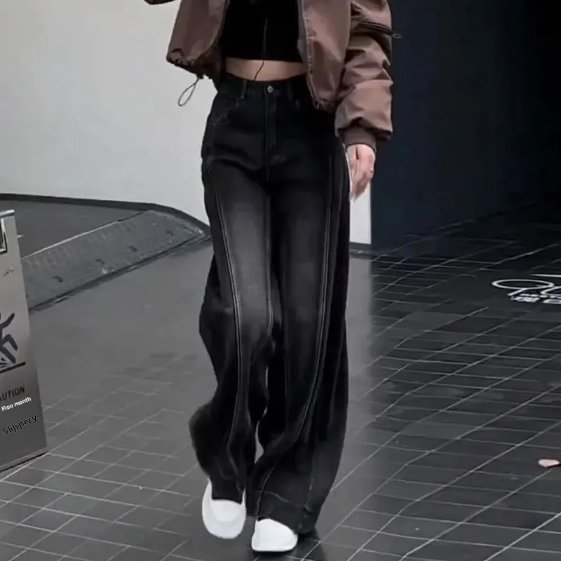 Jean taille haute à jambes larges pour femmes, Style américain, grande taille, nouveau Design Patchwork, pantalon coupe droite, gris noir, printemps