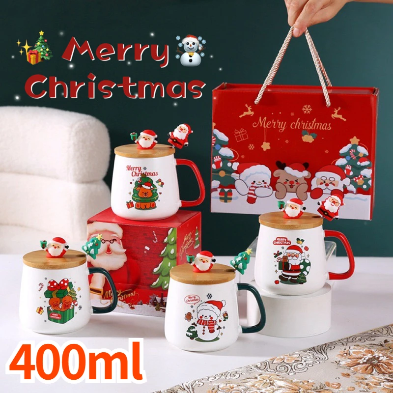 400ml Christmas Ceramic Mug Set with Lid Spoon High-value Santa Claus Reindeer Pattern Coffee Cup Drinkware Souvenir Gift Box