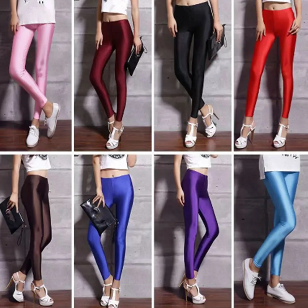 Women\' Bottoms High Waist Tights Stretch Candy color Legwear Stockings Thin Sports Glossy pants YF001