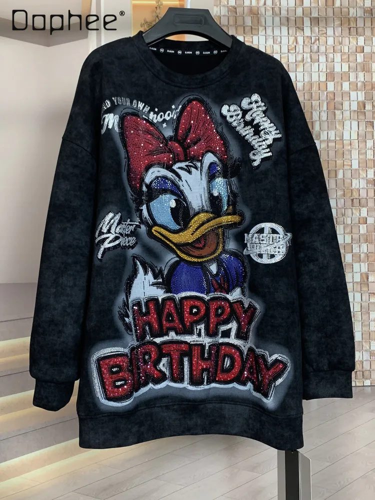 

2026 Spring New Heavy Rhinestone Cute Cartoon Age-Reducing Loose Fashion Air Cotton Round Neck Sweatshirt for Women