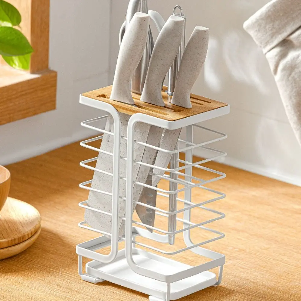 Multiple Slots Kitchen Cutter Holder with Drain Tray Ventilated Kitchen Cutter Organizer Metal Stable Cutter Storage Rack