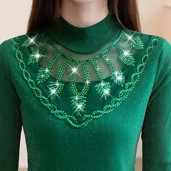 Autumn Winter Women Fleece Slim Bottoming T-shirt Korean Elegant Fashion Mesh Lace Hollowed Temperament Long Sleeve Casual Top