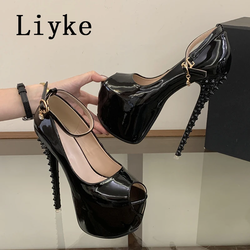 Liyke Fashion Design Rivet Stiletto Heeled Fetish Sandals Platform Pumps Women Walking Show Artifact Model Super High Heels Shoe - view 6