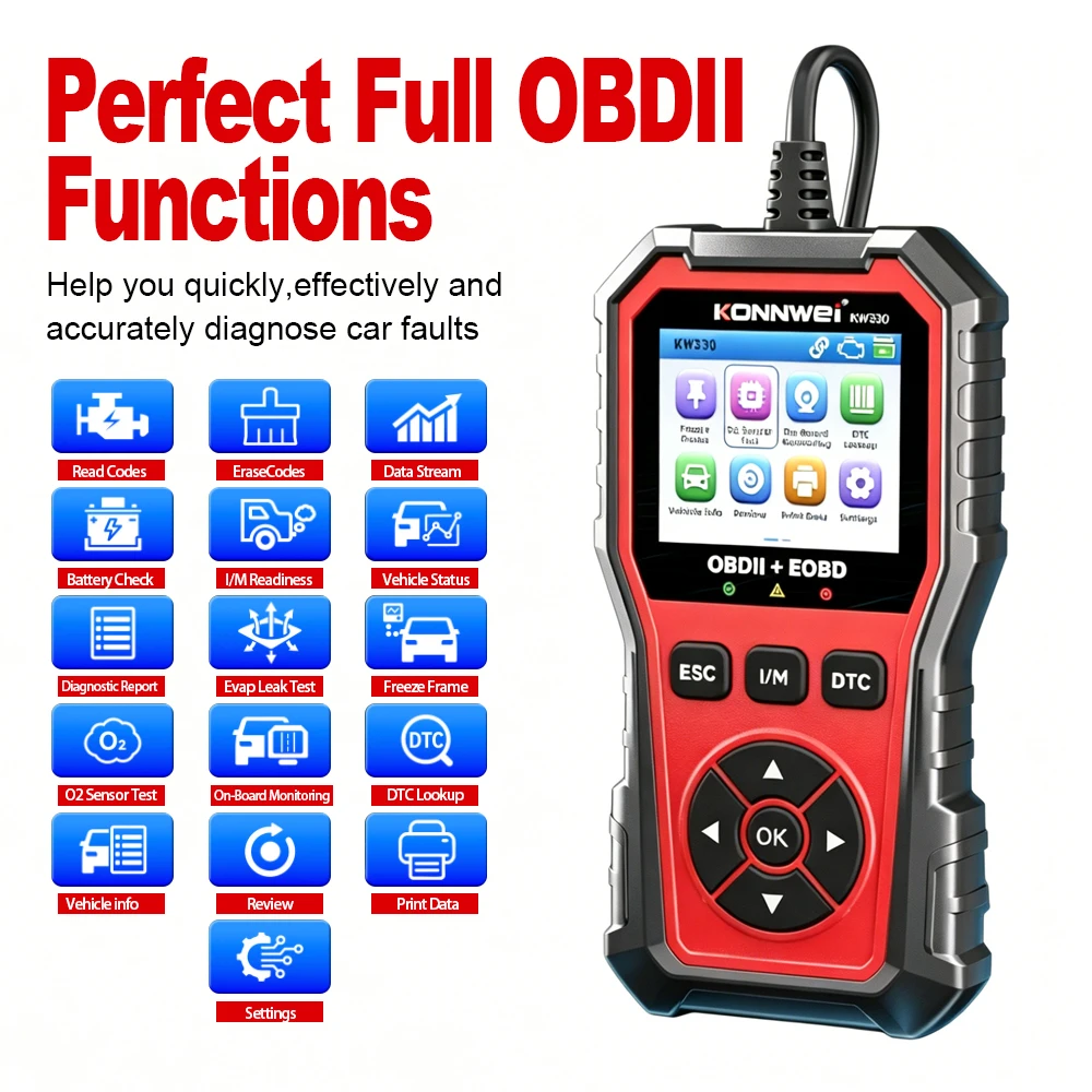 2026 KONNWEi KW330 Car OBDII Fault Scanner Engine Battery Test Fault Code Clear Real-Time Data Professional OBD2 Inspection Tool