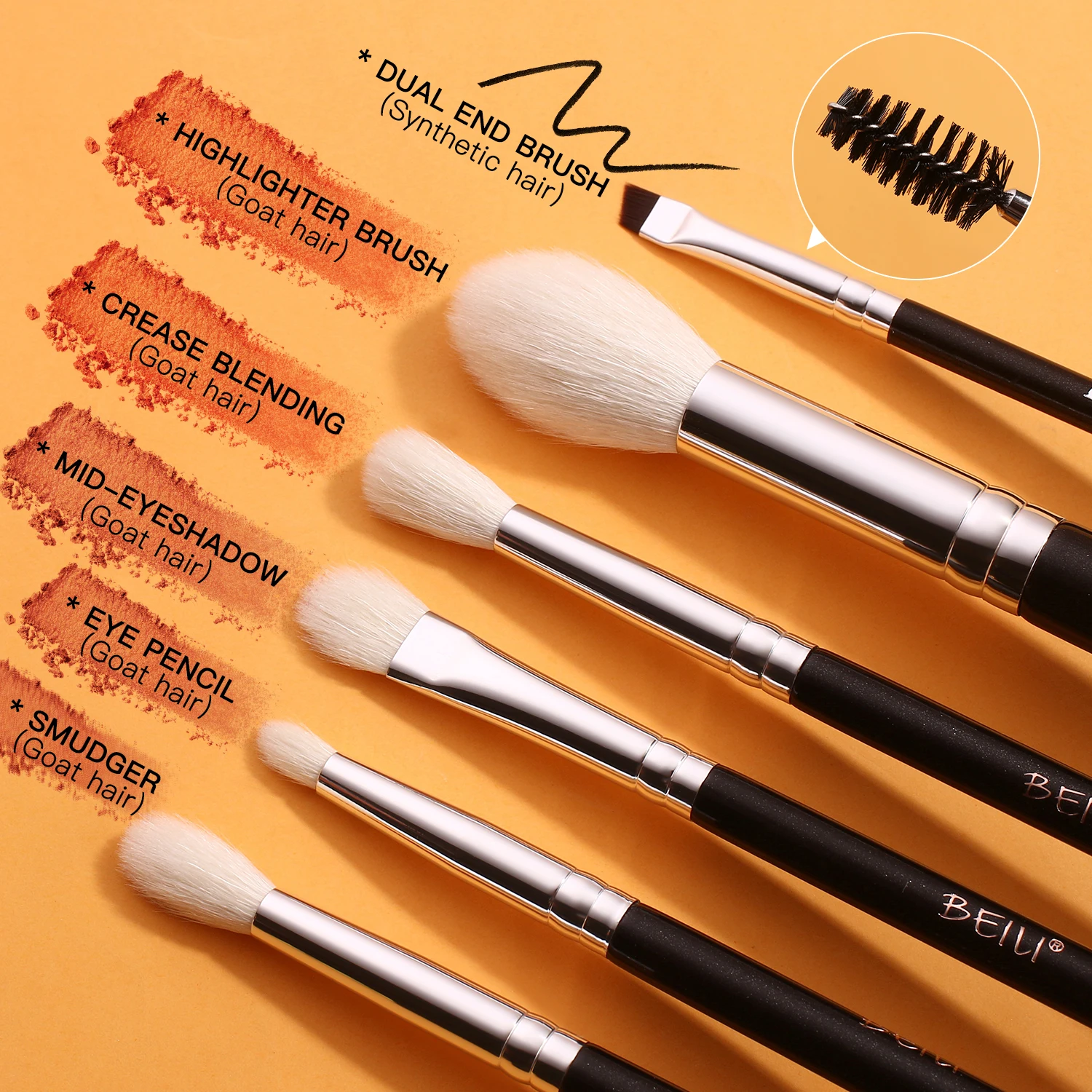 BEILI Professional Makeup Brushes 6Pcs Black Natural Goat Hair Make Up Brush Kit Eyeshadow Blending Eyebrow Eyelash Makeup Tool