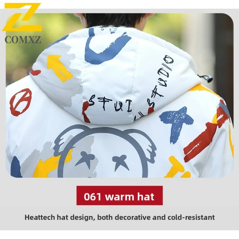 COMXZ 2025 ​Men Graffiti  Jacket Winter Thermal Puffer Windproof Korean Style Loose Fit Streetwear Parka Detachable Hood​ Coat