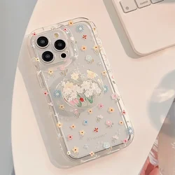 Cute Flowers Pattern Holder Phone Case For iPhone 15 16 Pro Max 14 13 12 11 15 XR X XS 7 8 Plus Clear Soft Socket Grip Tok Cover