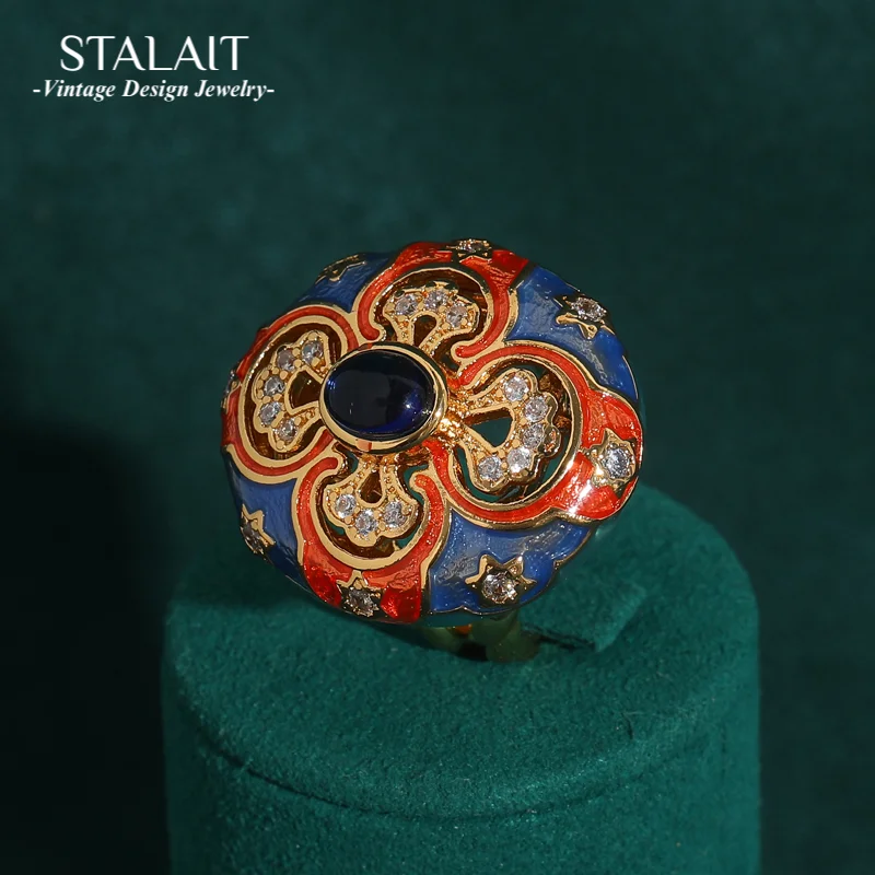 

Vintage Enamel Adjustable Ring 18K Gold Plated Floral Gemstone Women's Luxury Dinner Jewelry