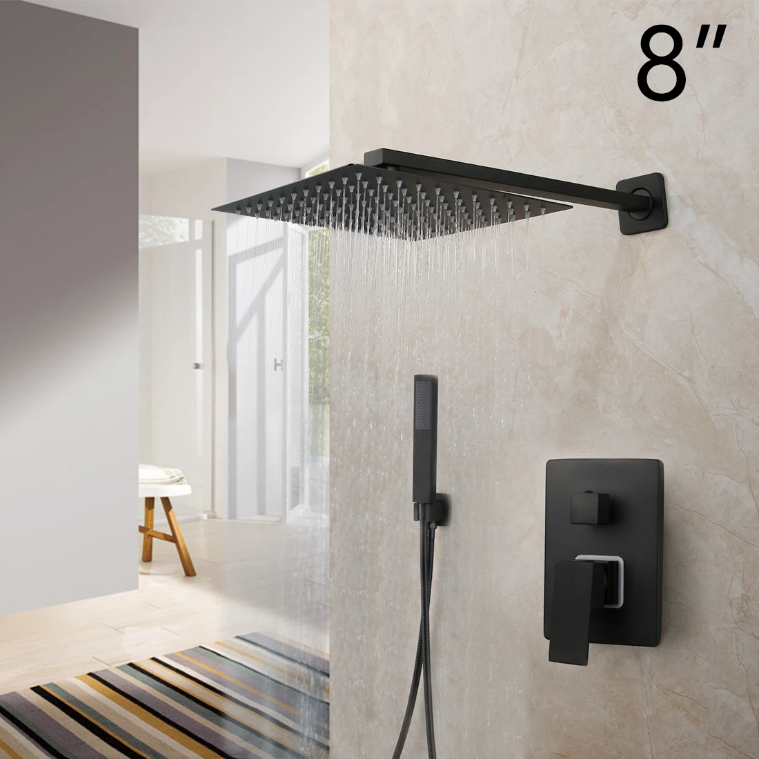 

8 Inch Matte Black Bathroom Shower Set Square Rain Shower Head Wall Mounted Shower Set Mixer Control Valve Hand Shower Faucet