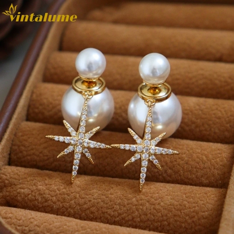 

Серьги-подвески Vintalume с двойным жемчугом и звездой, с кубическим цирконием, модные ювелирные изделия, изящные, уникальные, для женщин