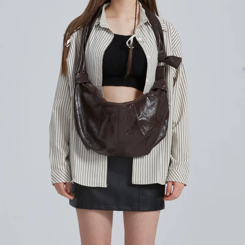 

PU Leather Crescent Bag Trendy Crossbody Sling Dumpling Handbag Hobo Half Moon Shoulder Bag