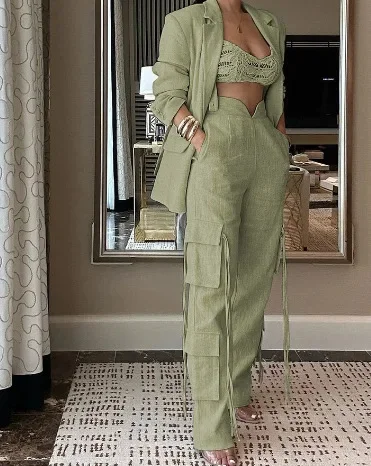 Apricot Top & Wide Leg Pants Set Elegant Women Lace Up Wide Leg Pant Sets Two Piece Suit Spring Summer High Waist Trousers Suit