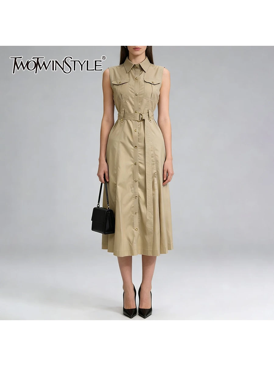 

Новое женское длинное платье TWOTWINSTYLE: однотонное, с пуговицами, модное, с отложным воротником, без рукавов, с завышенной талией, с лоскутными карманами