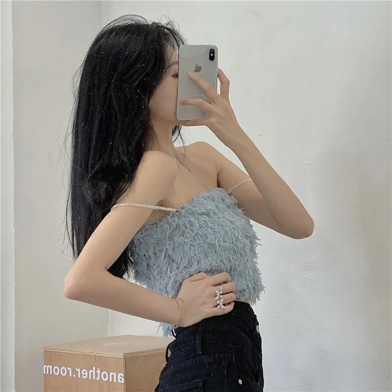 

Summer Casual Girl Sweet Sleeveless Inner Short Tops Female New Solid Camisole Women Sexy Pearl Chain Camisole Plush White Vest