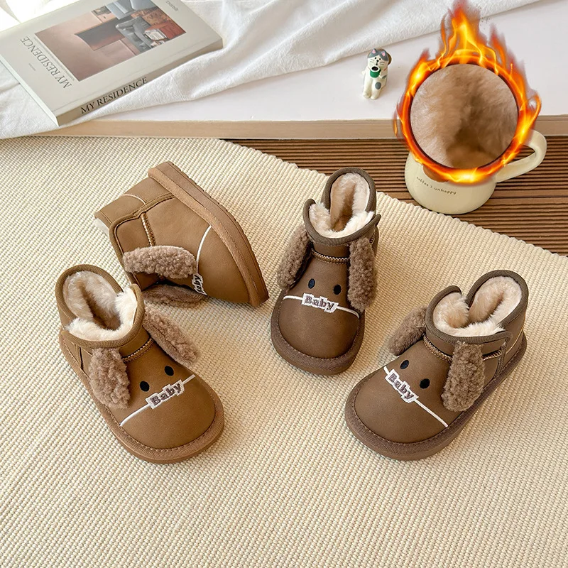 

Ботильоны для мальчиков и девочек, детские короткие сапоги с милым щенком и толстым мехом, милая мягкая подошва, новинка 2025, зимние новые ботинки принцессы, мягкие круглые носки