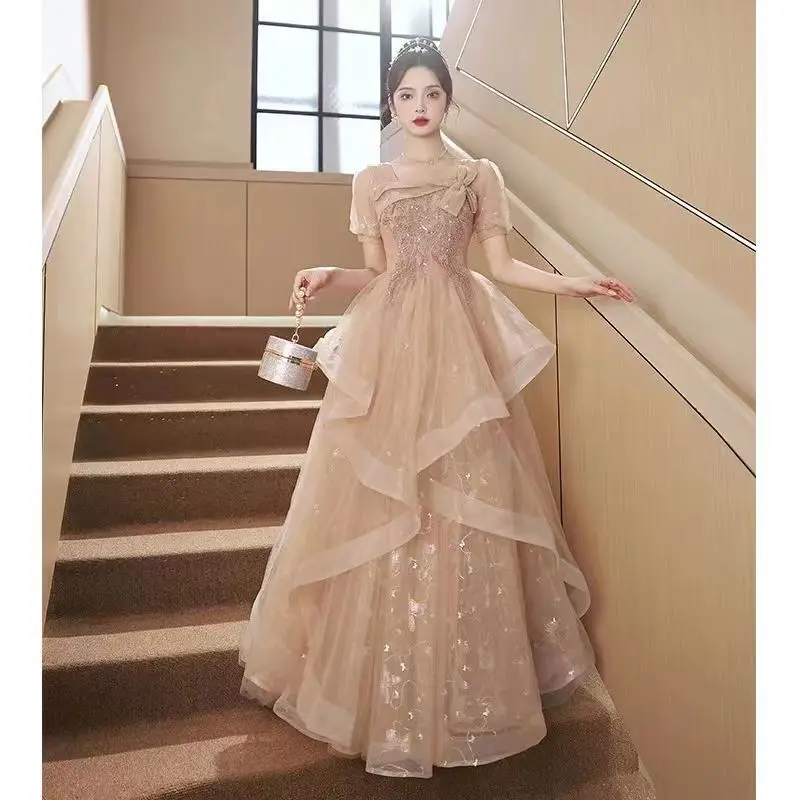 Champagne Evening 2024 New Women\'s Banquet Temperament Adult Ceremony Light Luxury High-End Host Vocal Music Art Test Dress