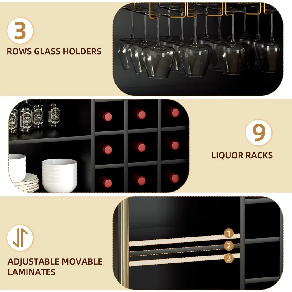 coffee bar cabinet with aluminum frame glass door, black wine bar & liquor cabinet, modern black sideboard buffet cabinet with s