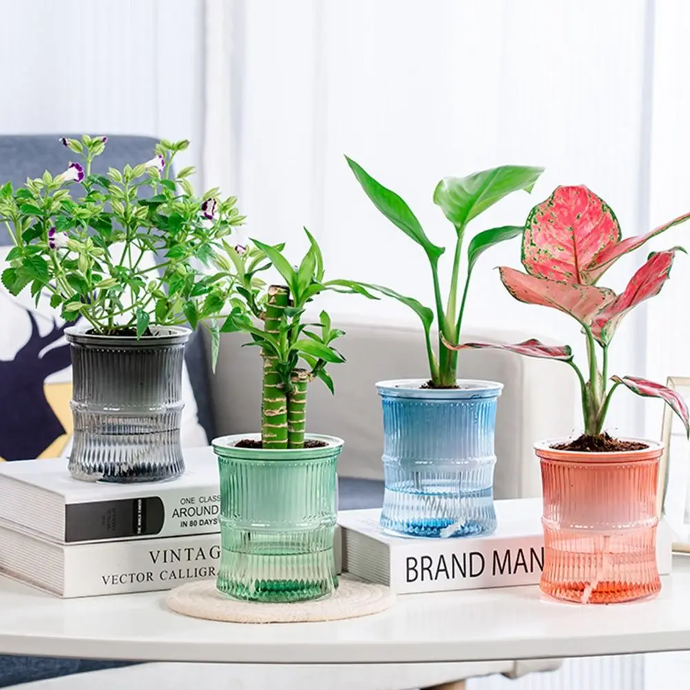 Self Watering Flower Pot Transparent Vase Room Decor Bamboo Planter Pots Simple Plastic Soil Cultivation Small Pot Desktop