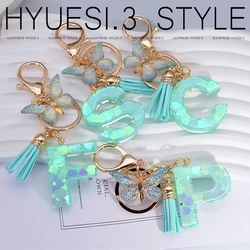 Glitter Green Heart Sequins Keychain Resin Initials Keyrings With Butterfly Backpack Decor Accessories Women Girls Party Gifts