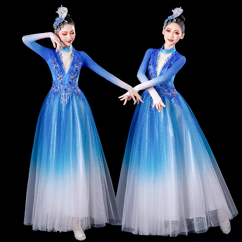 

Синий современный костюм танцовщицы с длинными рукавами для женщин, танцевальный костюм, платье для фестиваля, одежда для выступлений, открытие для танцев