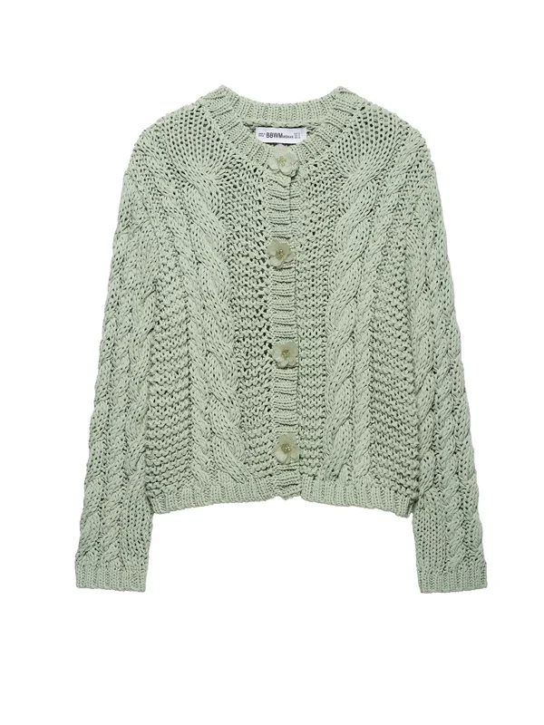 

Retro Flutton Decorated Hollow out Knitted Sweater Cardigan Long Sve round Ne Regular Length Single Button Closure