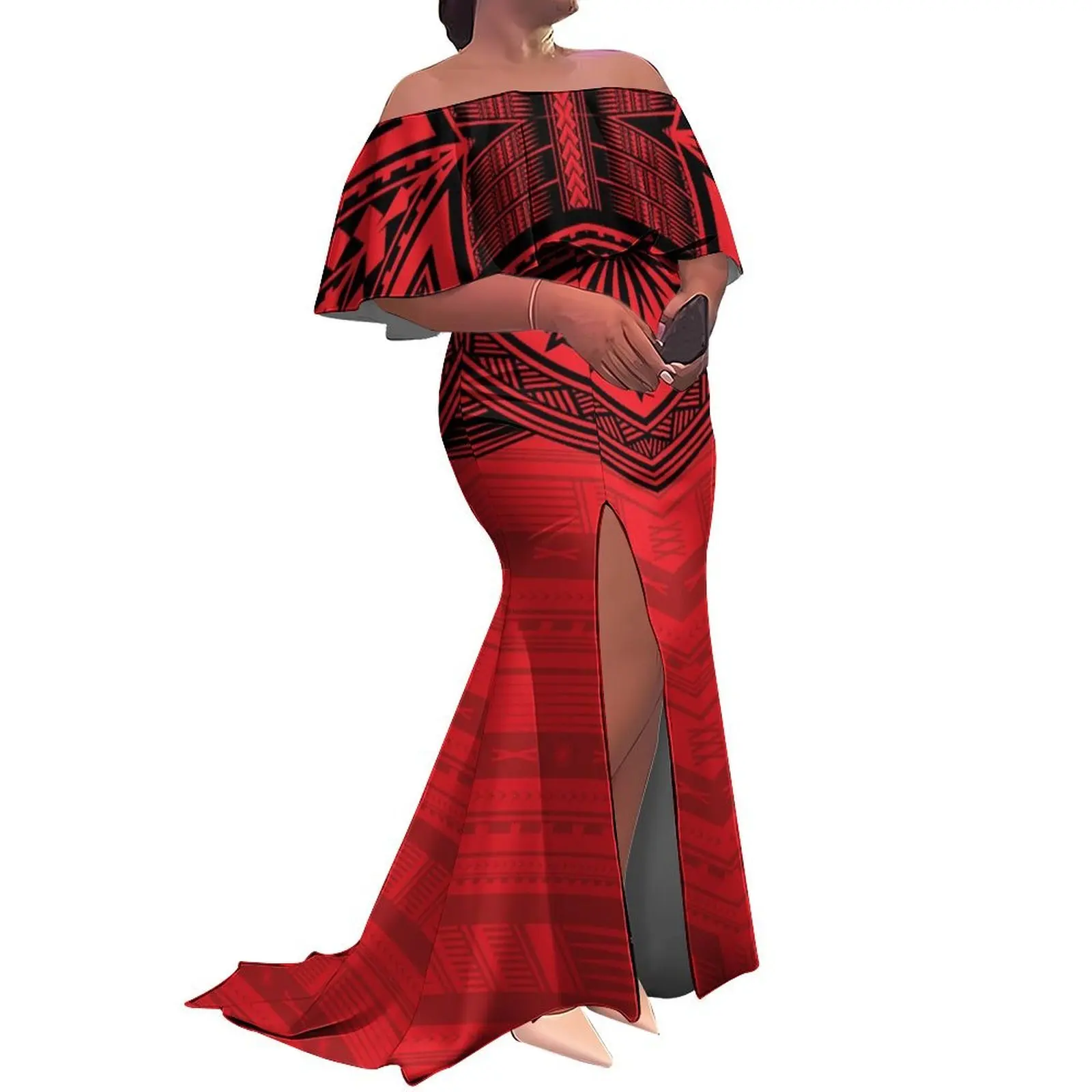 

Tax Free High-Quality Polynesian Pacific Island Ladies' One-Shoulder Slimming Slit Long Dress, Festival Party Floor-Length Dress