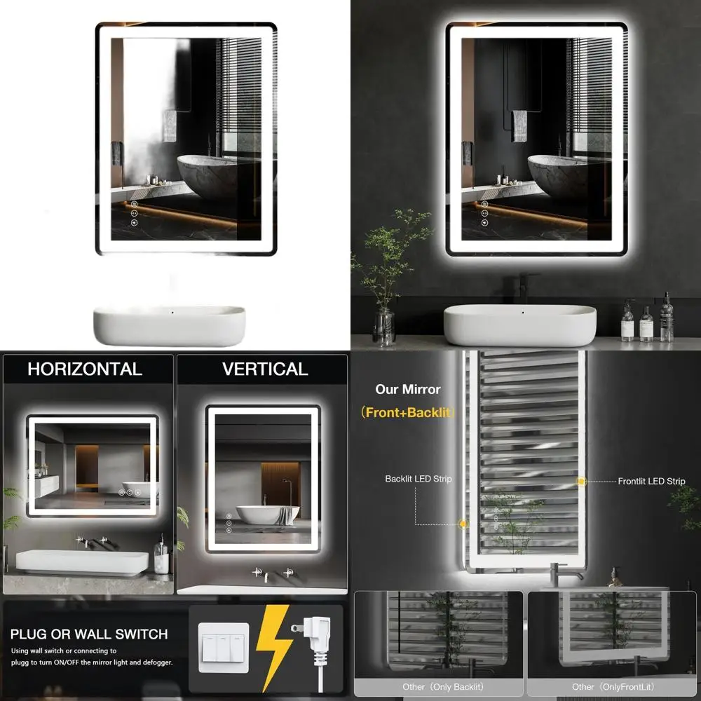 Miroir de salle de bain éclairé par LED 24x32 avec antibuée, lumière variable et verre trempé