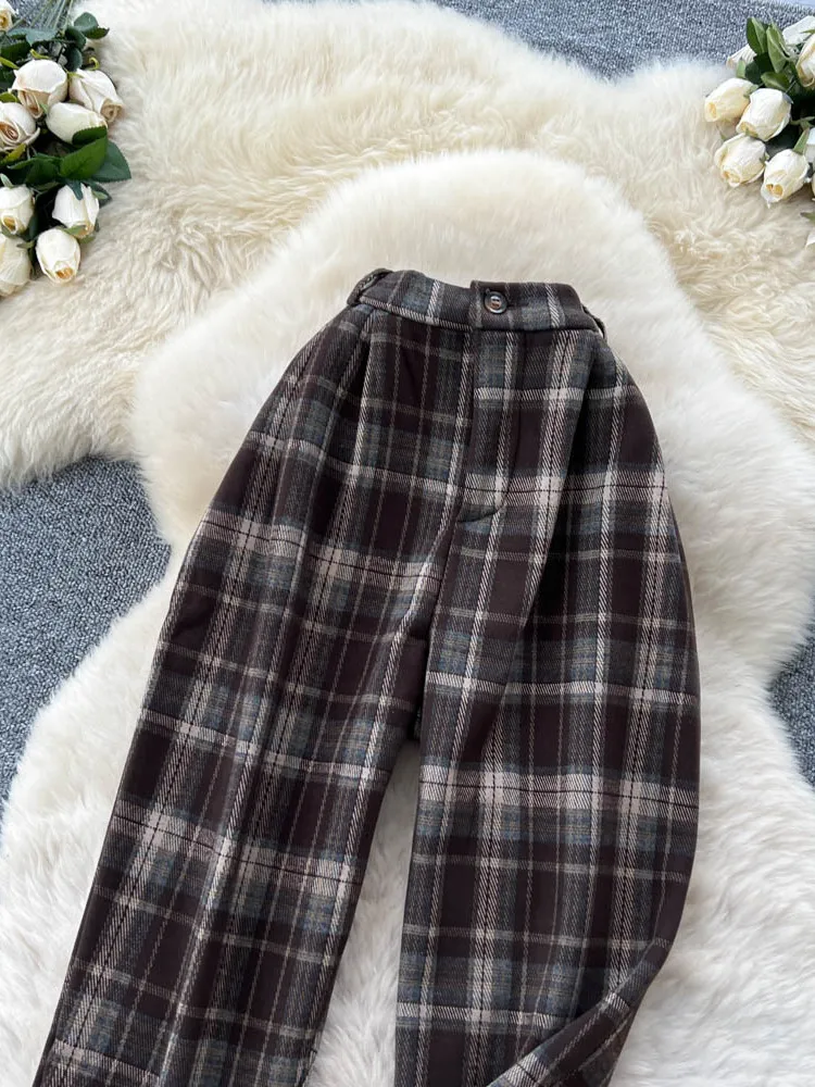 Pantalones de Pierna Recta a Cuadros de Moda, Cintura Alta, Casuales, para Mujer, Estilo Informal, Holgados, Adelgazantes, Talla Grande, Pantalones de Ocio