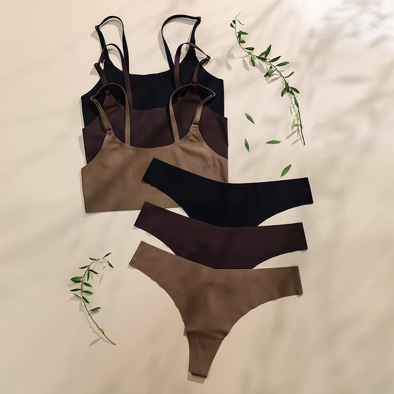 Seamless Bra And Briefs Sets For Women Wireless Vest Top Spaghetti-Strap Bralette Low Rise Panties Female Sexy Underwear Suit