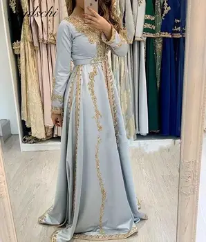 Customized 2025 Blue Moroccan Kaftan Evening Dresses Lace Long Sleeves A-Line Prom Dress Elegant Satin Crystal Robes De Soirée