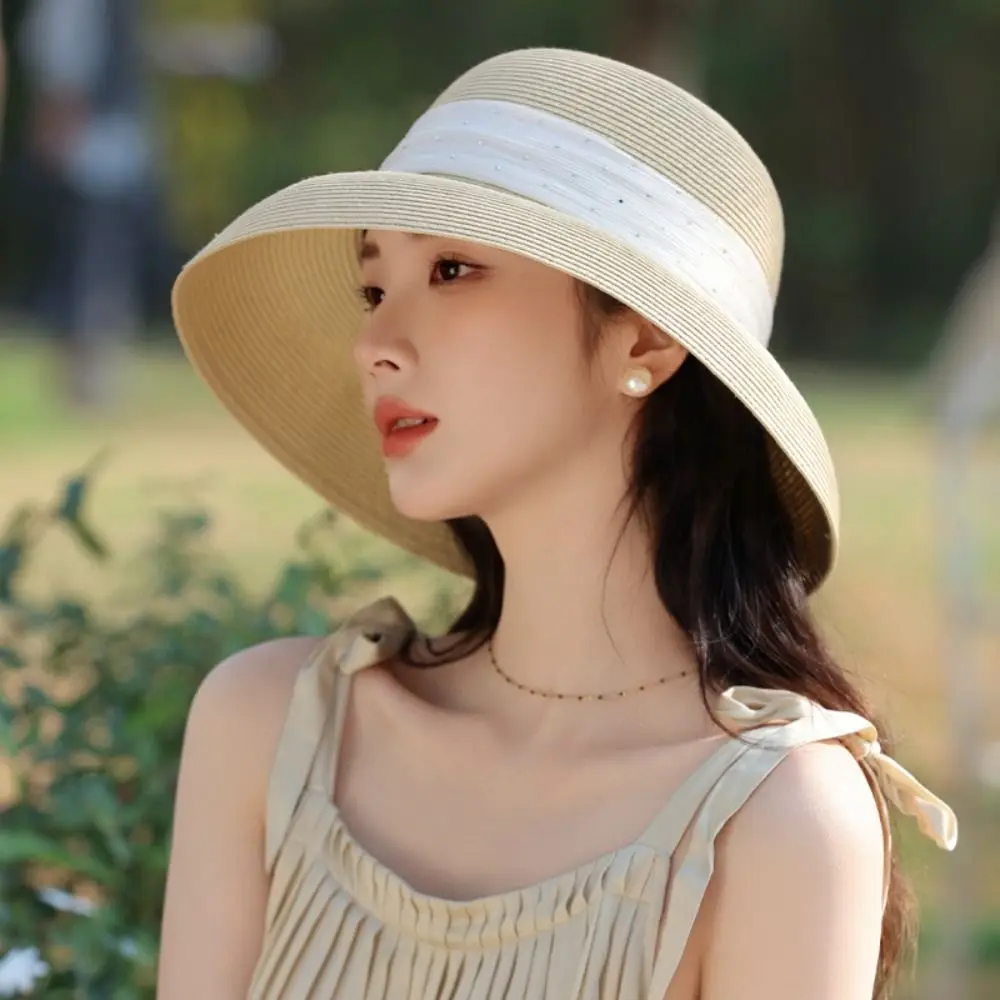 

Elegant Boho Lafite Straw Hat Polka Dot Dome Women's Sun Hats Breathable Hollow Out Beach Hat Travel