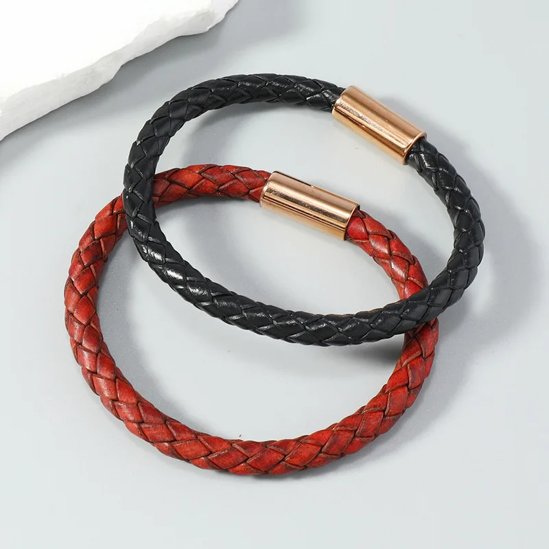 Vintae Braided Leather Bracelet Men Women Stainless Steel Magnet Buckle Wrap Hand Jewelry Boy Gifts