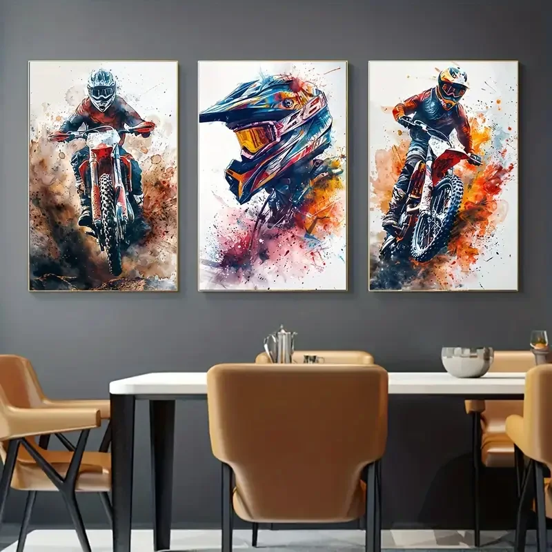 2D Flat 3pcs No Framed Canvas Set of 3 Modern Motorcross Canvas Wall Art Posters, Transportation Theme Artwork for Home Office,