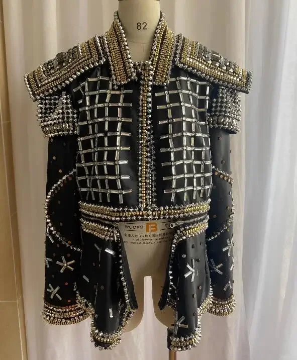 

Men Dance Jacket Rhinestone Coat Shiny Stage Singer MJ gogo dancer costume