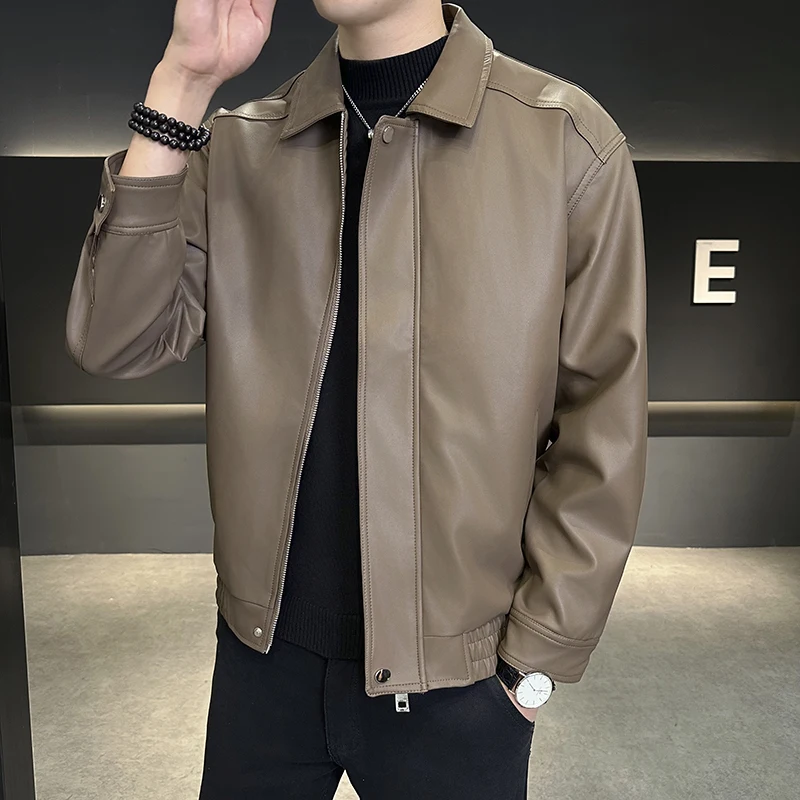 Autumn and winter high-quality fashionable lapel leather jacket, retro motorcycle leather jacket, men's retro leather jacket