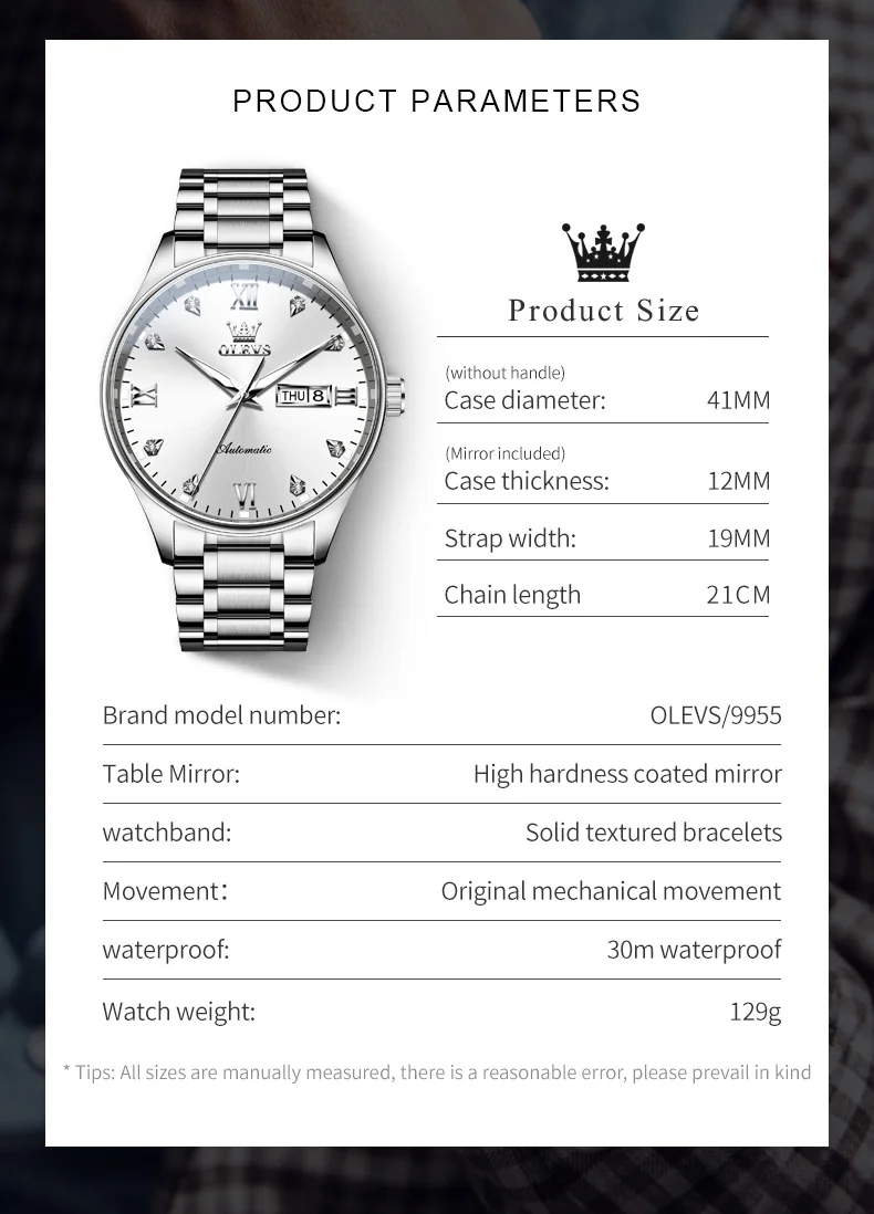 OLEVS 9955 Original Automatic Mechanical Wrist Watches for Men Waterproof Luminous Diamond Scale Dual Calendar Luxury Man watch