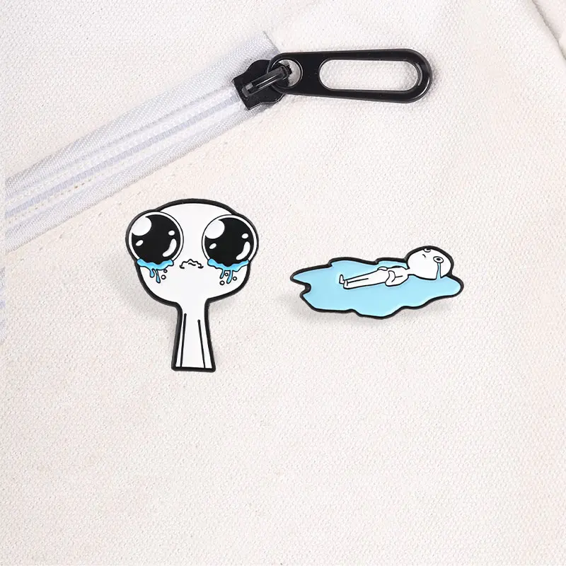 Weinende Große Augen Emaille-Abzeichen Lustiger Meme-Mann Trauriger Gesichtsausdruck Pin Liegt in einer Pfütze Strichmännchen Metallbrosche Anstecknadel Accessoire Geschenk – Detail 4
