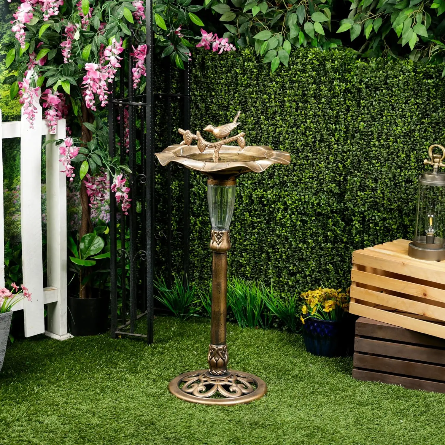 TEC316SLR Solar Birdbath with Birds and LED Light, LED Decor for Patio, Lawn & Garden, 41
