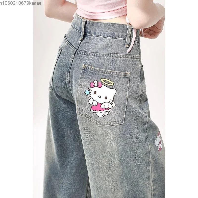 Hello Kitty New Fashion Printed Design Jeans Women Spring And Autumn Denim Straight Leg Pants Korean Version Casual Trend Jeans