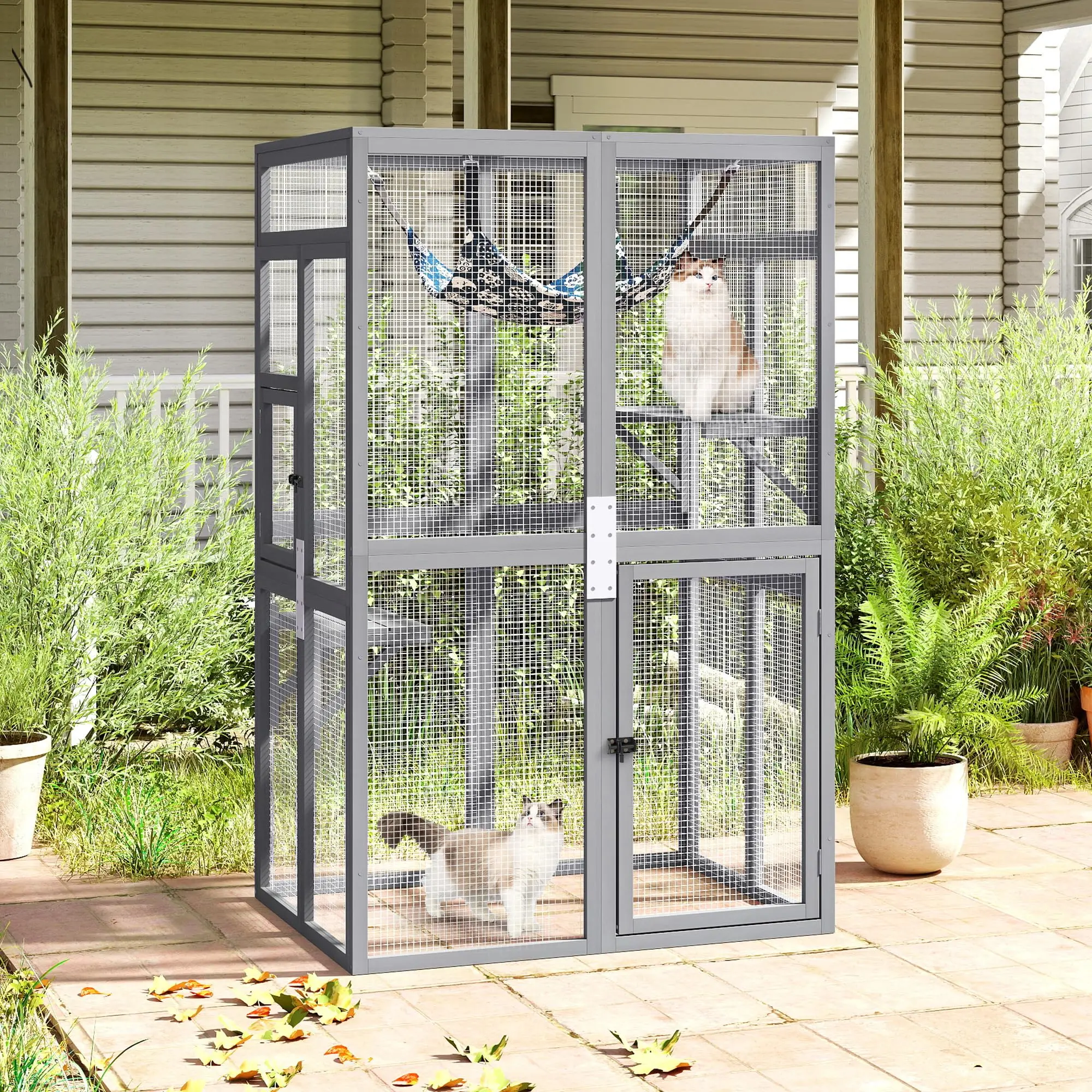 Wooden Outdoor Cat Catio Enclosure with Platforms and Hammock Gray | Weatherproof wooden cat catio with mesh walls