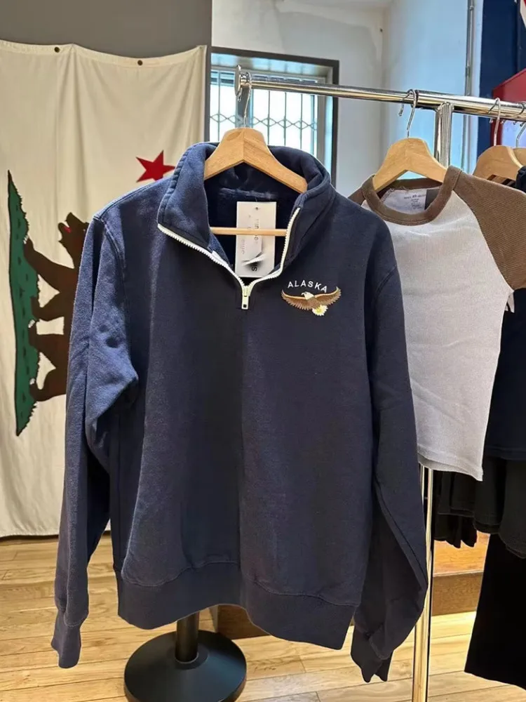 Casual Women Navy Eagle Embroidery Sweatshirts 2023 Fall Vintage Half High Collar Long Sleeves Sweatshirts Female Chic Pullovers