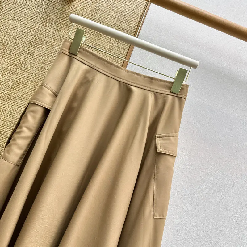 2026 Khaki Pocket Decorative Tooling Vintage Sweet Cool High Waist Side Buckle Mid-length Skirt
