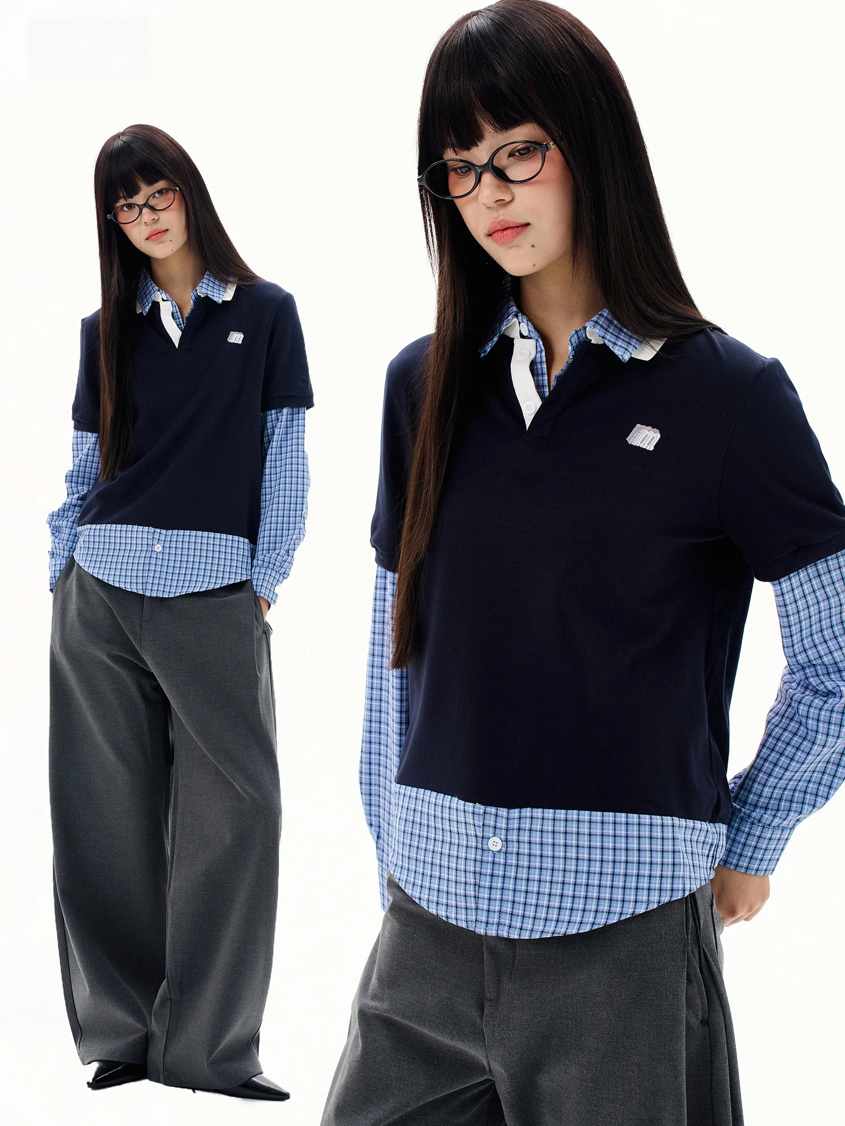 

American Style Retro Plaid Long Sleeve Shirt Color Block Fake Two-Piece Autumn Winter New Korean Ins Versatile Women's Top
