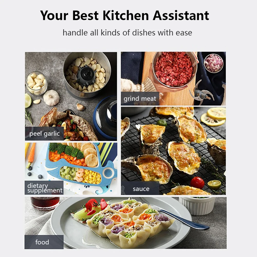 Joydanes JD-376B電気食品プロセッサー、ガーリックペラー付き肉挽き肉、3つのステンレス鋼の弓野菜フルーツチョッパー、青