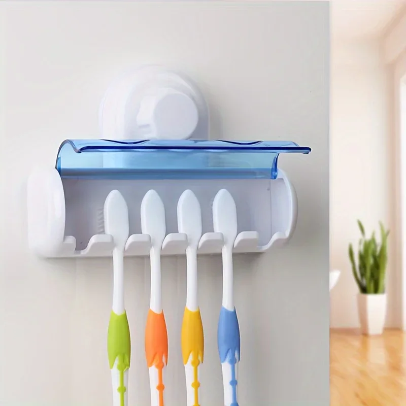 1pc Suction cup five position toothbrush holder with transparent tape cover, dust-proof suction wall toothbrush storage rack