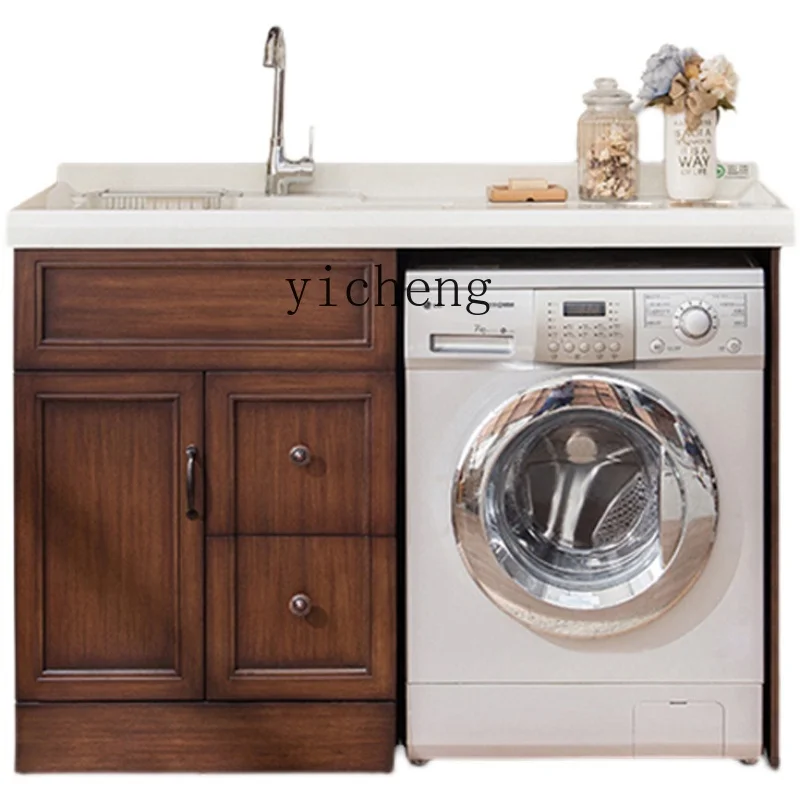 

ZC Balcony Wash Wardrobe Combination Simple Solid Wood Washing Machine Cabinet Bathroom Cabinet with Washboard Pool