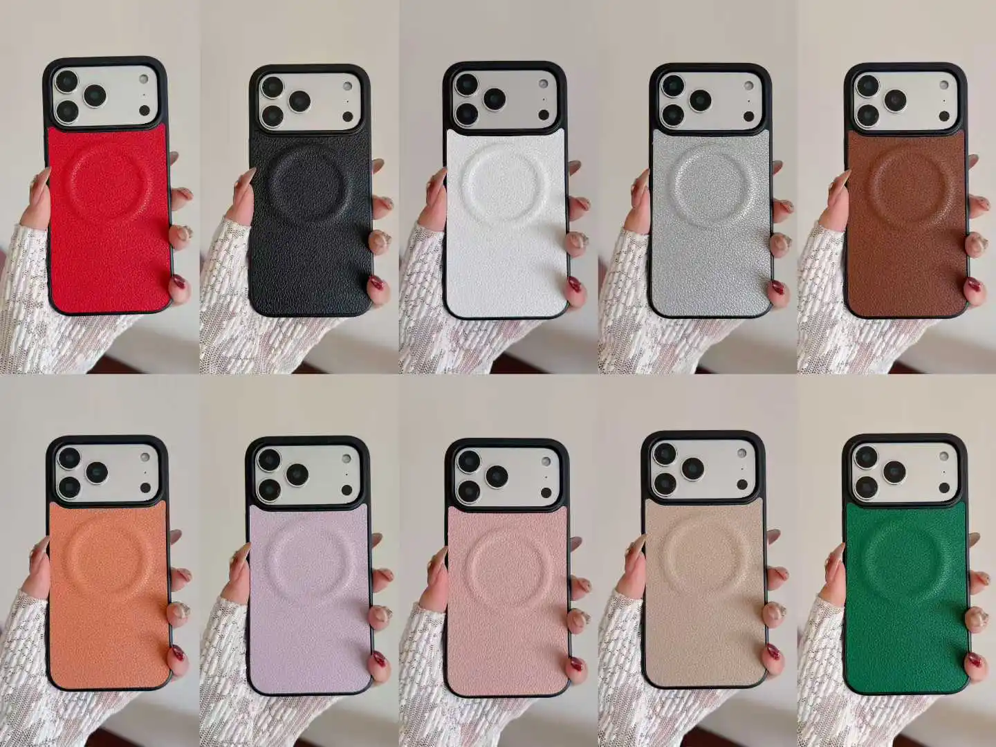 

Litchi Leather Silicone Shockproof Case for iPhone 17 16 15 14 13 Pro Max Plus Phone Magnetic Wireless Charger For Magsafe Cover