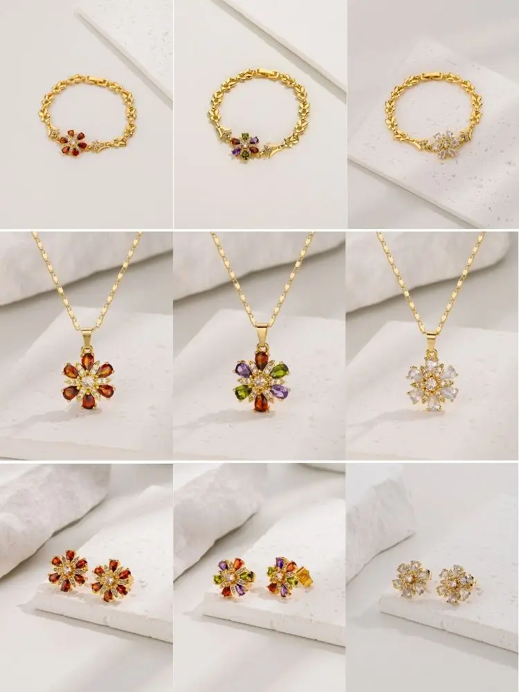 

FanSibao Three Colored Zircon Flower Pendant Necklace Earrings Bracelet Jewelry Set for Women Valentine's Day Gift B-4088